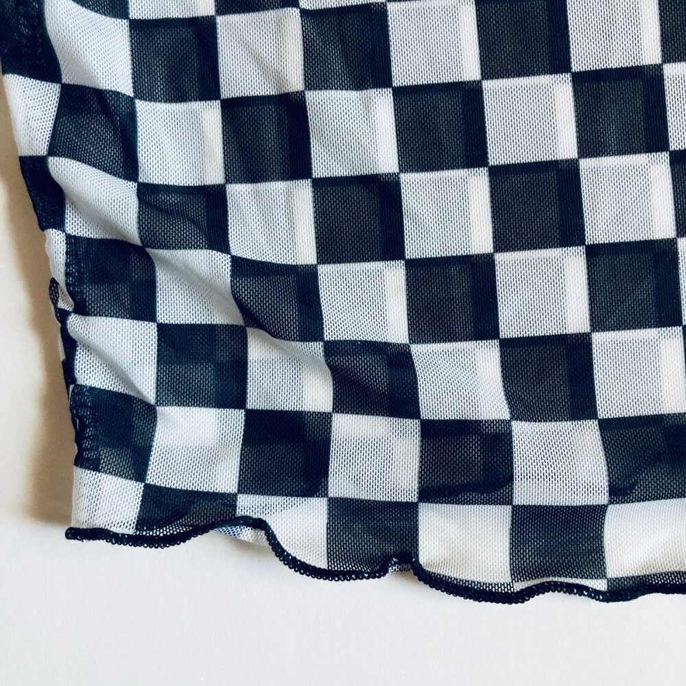 π Black & White Checkered Sheer Mesh Top with Short Sleeves NEW - Picture 4 of 6